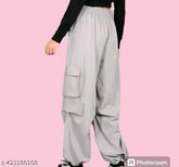 Stylish grey polyester pants for girls, solid design for activewear, Indian-made cargo style
